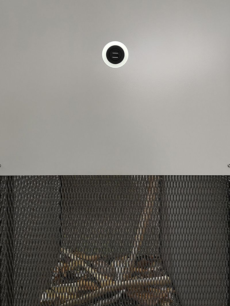 Uffe Isolotto, <i>Universal Serial Bus</i>, 2018<br>Jern, maling, USB-stik, LED-lys, indtørrede dyrekropsdele. To skulpturdele à 200 x 100 x 50 cm med kæde. Erhvervet 2021 med støtte fra 15. Juni Fonden