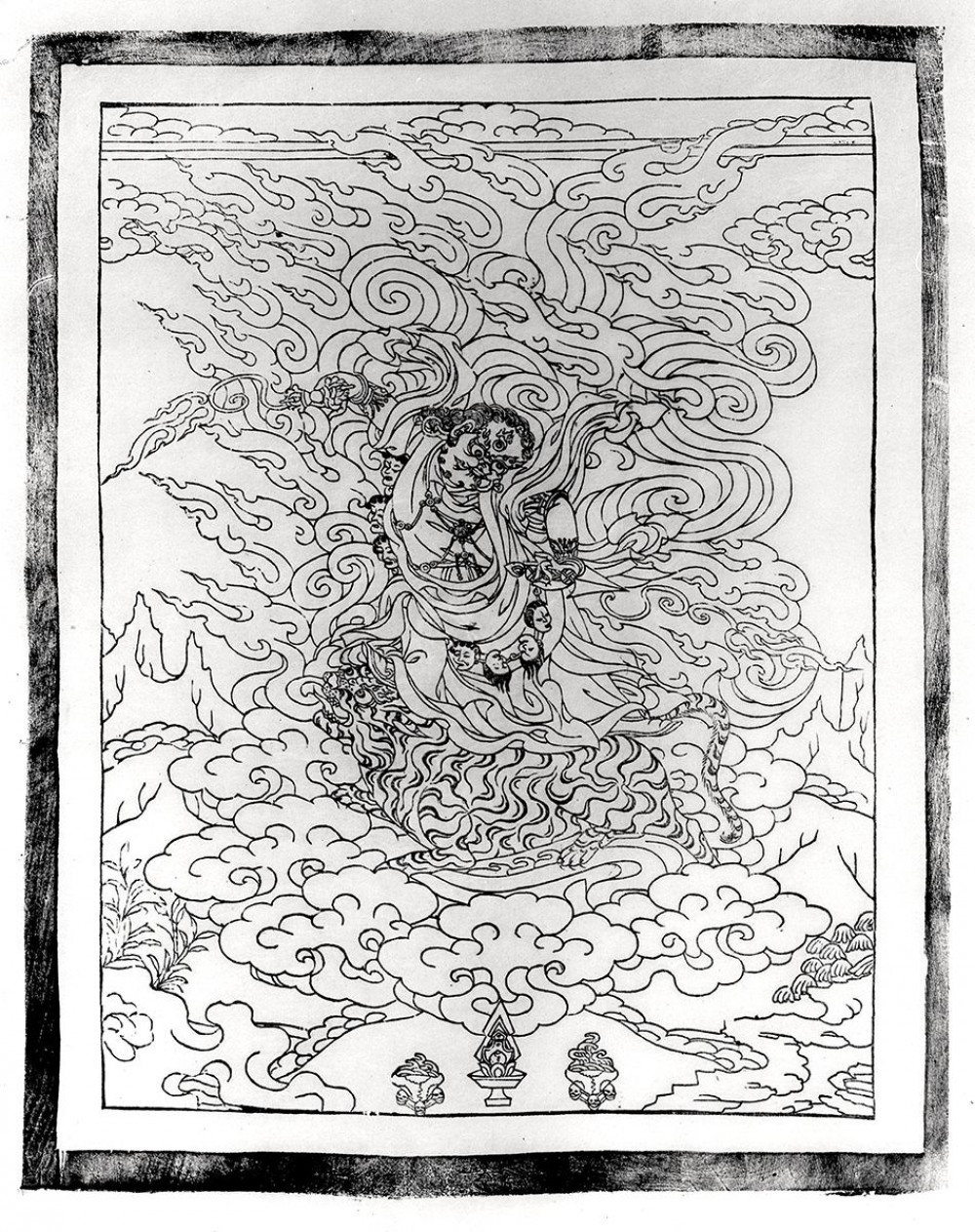 Tibetansk bloktryk på rispapir, uden titel<br>64,5 x 53,5 cm (papirmål). Tilhører Holstebro Kunstmuseum<br>Gave 1980 Christian Poulsen. Inv.nr. 1980-59-57