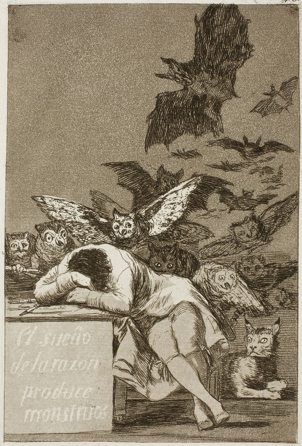 Francisco Goya (1746-1828), <i>Fornuftens søvn avler uhyrer</i><b>Nr. 43 i serien <i>Los Caprichos</i> publiceret første gang i 1799. Akvatinte<br>Tilhører Holstebro Kunstmuseum. Inv.nr. 1993-017